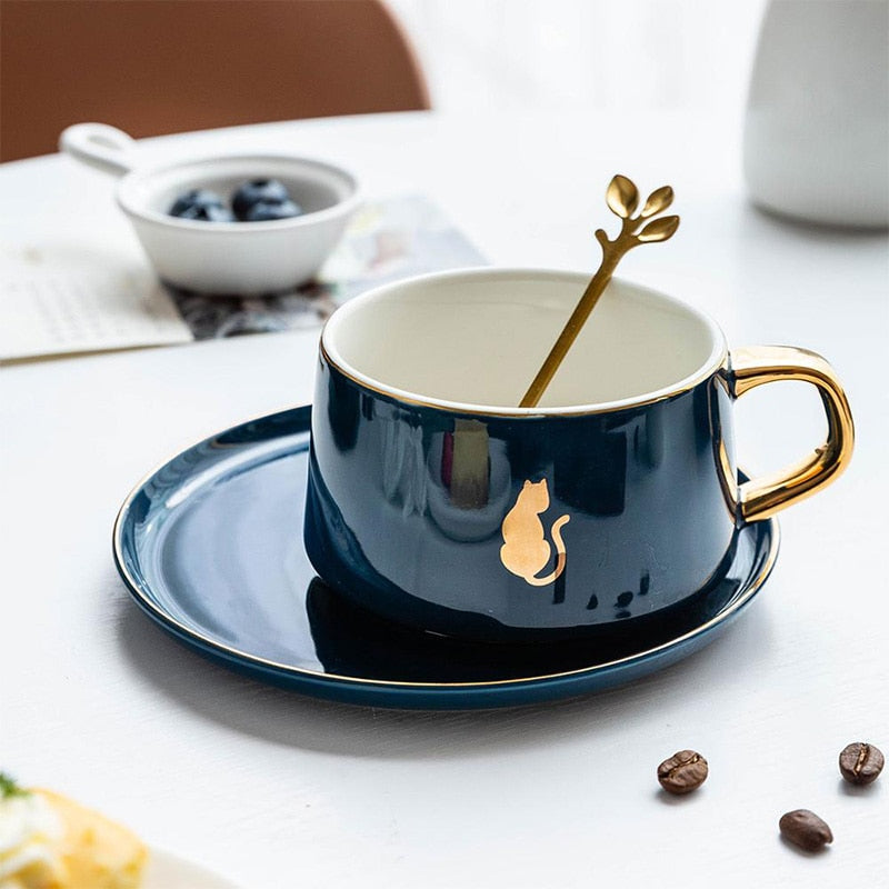 MDZF SWEETHOME 225 ml Tierische Kaffeetasse im nordischen Stil mit Tellerlöffel Goldgriff Frühstücksmilchsaftbecher Geschenk zum Geburtstag