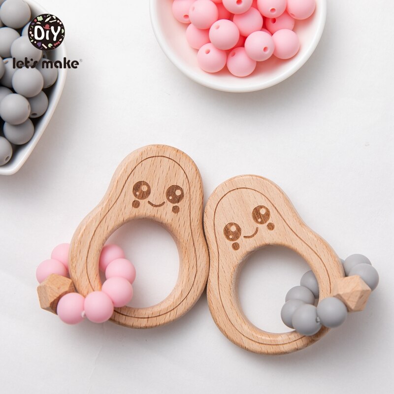 Let's Make 1PC Avocado Wooden Rodent Baby Teether Bracelet Silicone Beads Beech Accessories Toys Shower Gift Wood Rattles Nurse
