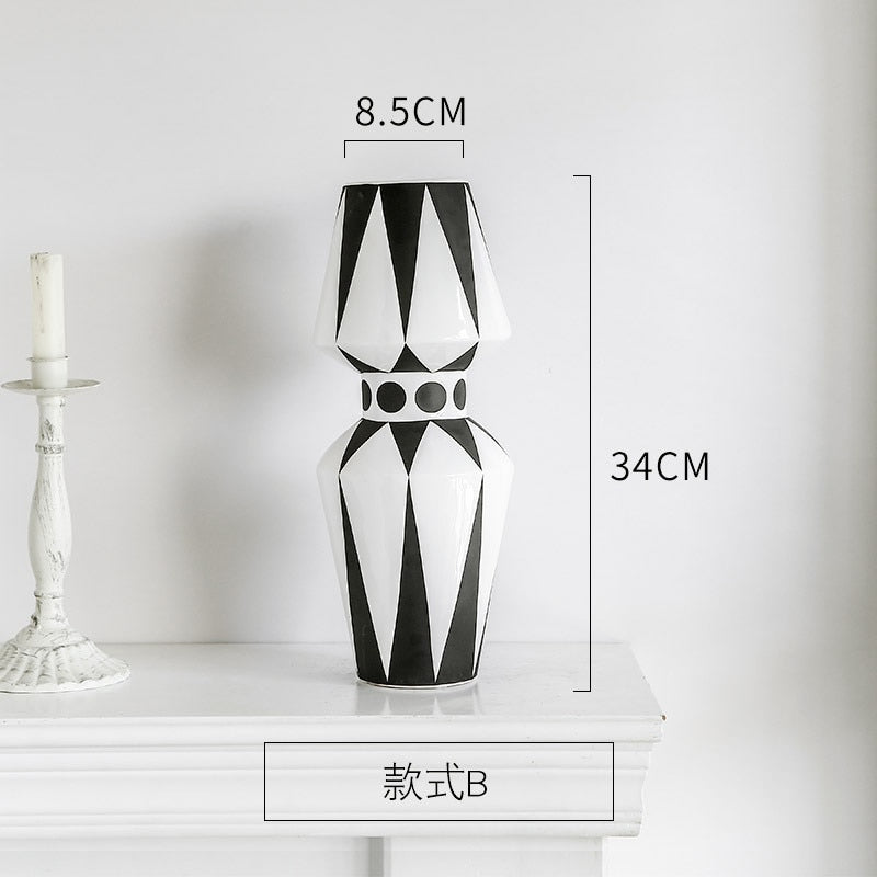 Jarrón de cerámica blanco y negro creativo nórdico, arreglo floral de estilo abstracto, adorno artesanal retro clásico para el hogar