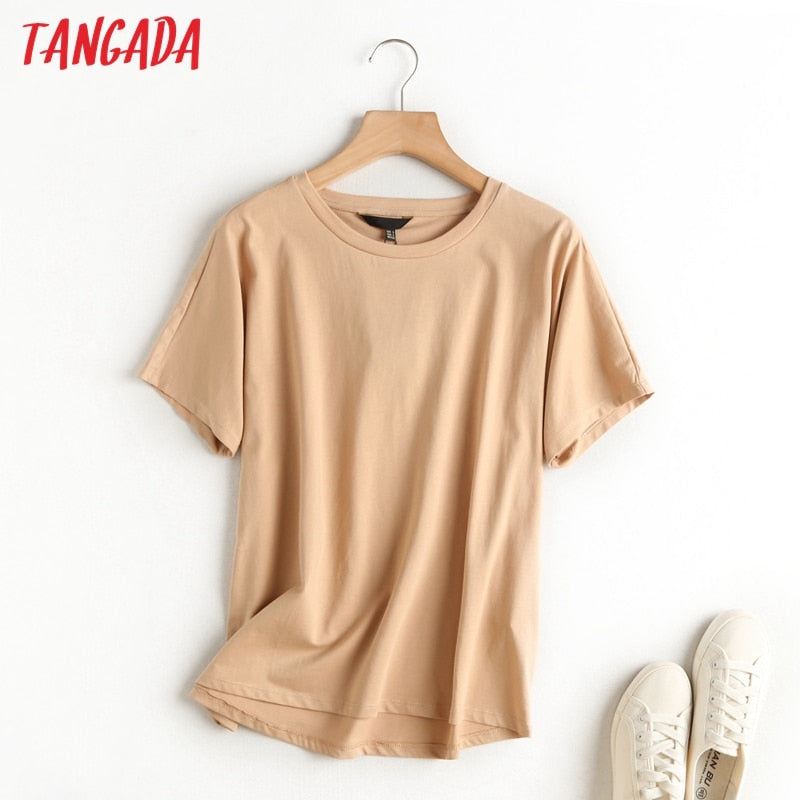 Tangada 2022, camiseta básica caqui de algodón para mujer, camisetas de manga corta con cuello redondo, camiseta informal para mujer, ropa de calle top 6D5