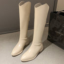 Frauen Cowboystiefel Spitzschuh Damenschuhe Prägung PU-Lederschuhe Kniehohe Stiefel Chunky Wedges Schuhe u694