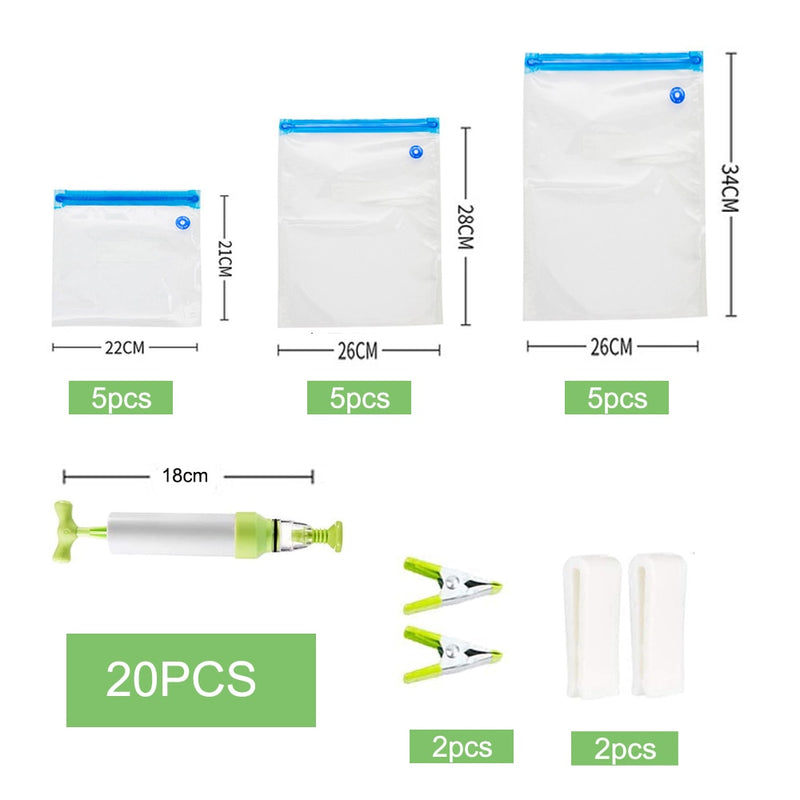 17/20Pcs Vacuum Sealer Bags Reusable Food Storage bag Household Vacuum Food Sealer Ziplock Bag With Hand Pump Sealing Clips