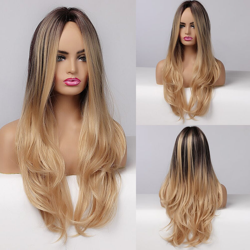 GEMMA Long Wavy Natural Middle Part Synthetic Wig Women Fake Hair Heat Resistant Black Brown Blonde Red Highlight Cosplay Wigs