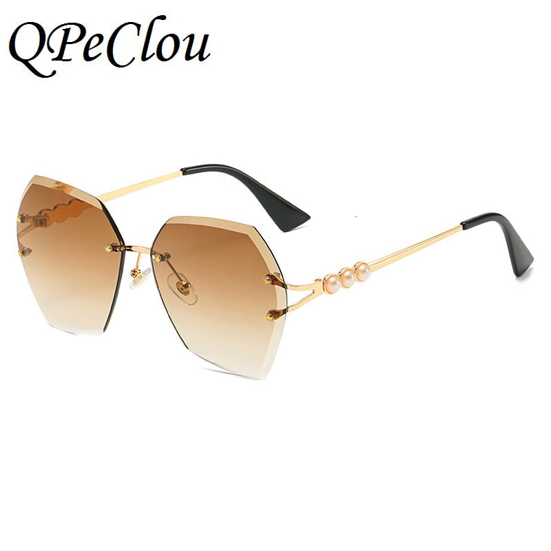 QPeClou 2020 Rimless Polygon Sunglasses Women Retro Luxury Pearls Sun Glasses Woman Fashion Metal Gradient Shades Oculos De Sol