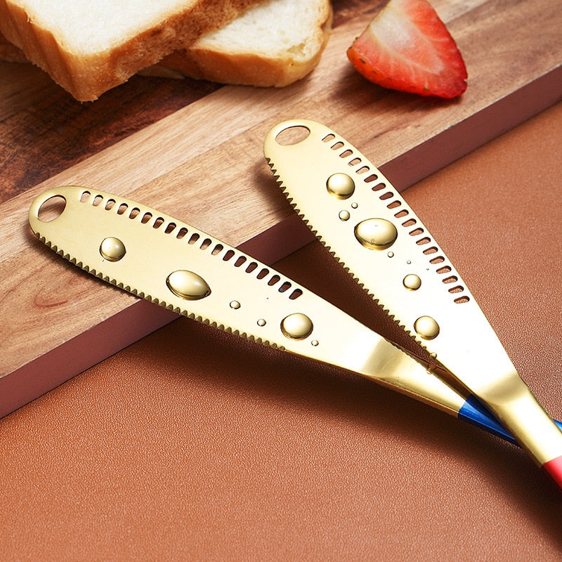 Buttermesser Edelstahl Multifunktions-Käsebrot Steakmesser mit Loch gezacktes Goldmesser Home Geschirr Set Tools
