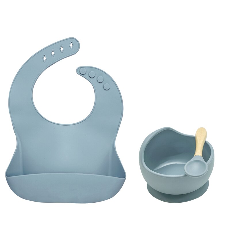 Vajilla de silicona para bebé sin BPA, babero impermeable, toalla Flexible para Saliva, cuenco y cuchara con ventosa de Color sólido para niños