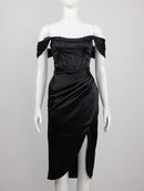 2021 Neue Frauen Kleid Sexy Elegante Sommer Herbst Party Abendkleider Bodycon Slash Sleeve Kleidung