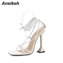 Aneikeh, zapatos de verano para mujer, sandalias básicas de Pu a la moda, tacones de punta cruzados, zapatos de tacón con cordones para fiesta, talla 35-42, negro, blanco, albaricoque