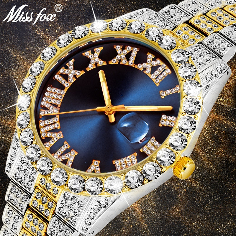 Reloj MISSFOX para hombre 2020, los más vendidos, marca de lujo, esfera azul, oro, relojes de moda para hombre, pulsera grande de diamantes, reloj de lujo para hombre