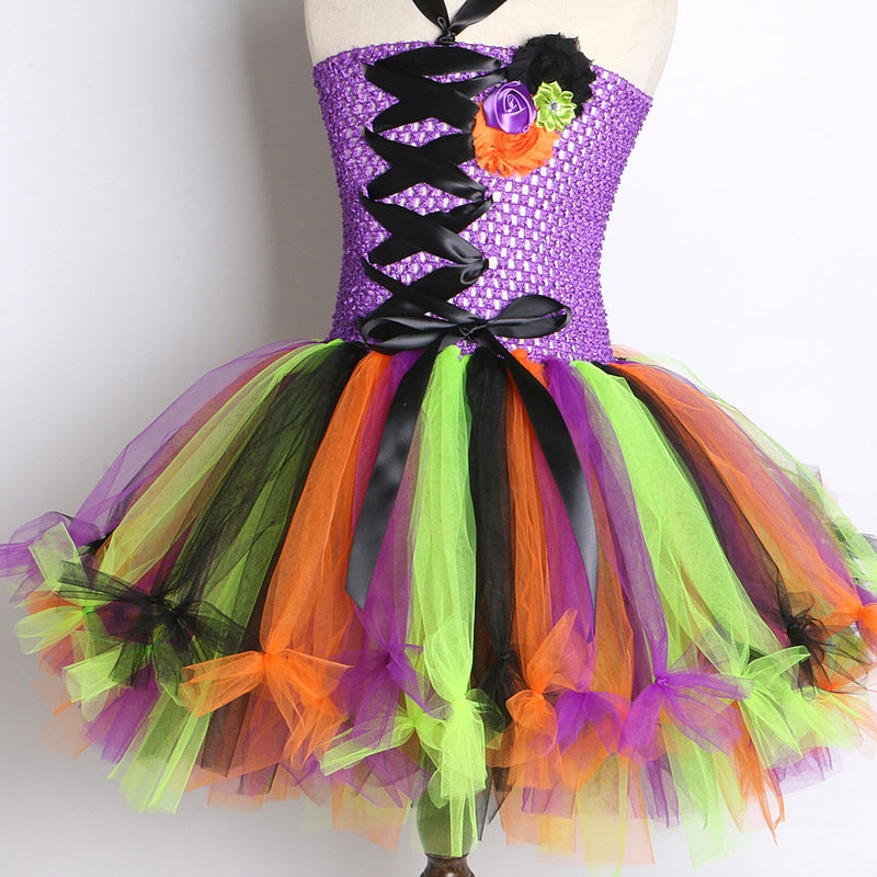 Disfraces de Halloween de bruja para niñas, niños, vestido de tutú de hechicera con sombrero, vestidos de Cosplay para niños para fiesta de carnaval, tutús coloridos
