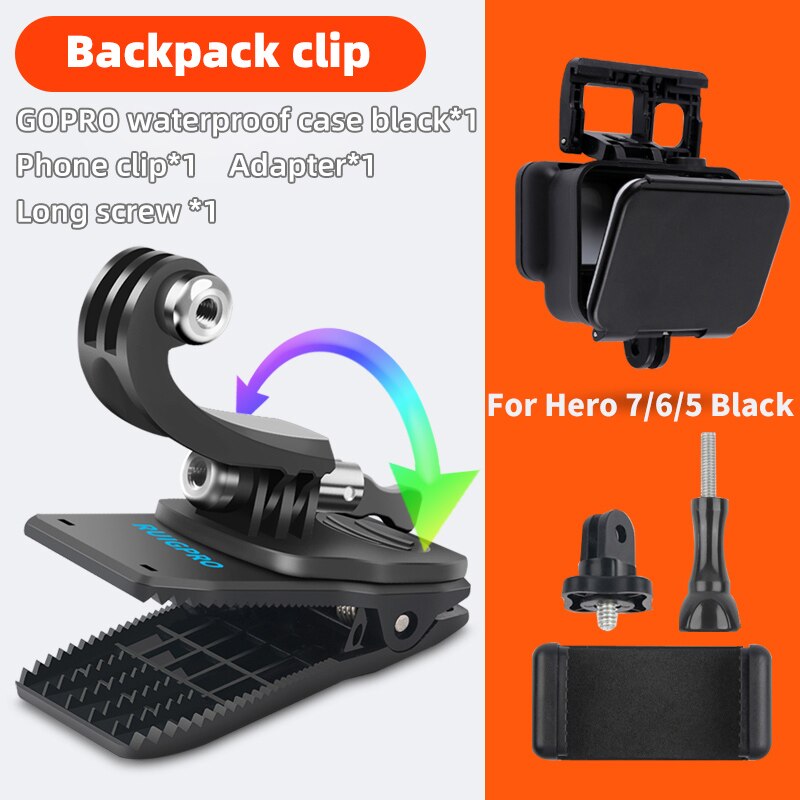 for Go Pro Accessories 360-Degree Rotation backpack bag Clip clamp For GoPro Hero11 10 9 8 7 6 5Xiaomi yi for SJCAM SJ4000 Phone