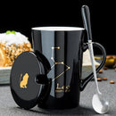 Tazas de cerámica con 12 constelaciones, tazas creativas con tapa de cuchara, taza negra de porcelana, taza de café con leche del zodiaco, regalo para parejas