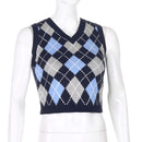 Sweetown Argyle Plaid Strick Tank Top Damen Strickwaren Adrette Kleidung V-Ausschnitt Lässige Crop Pullover Weste 90er Streetwear