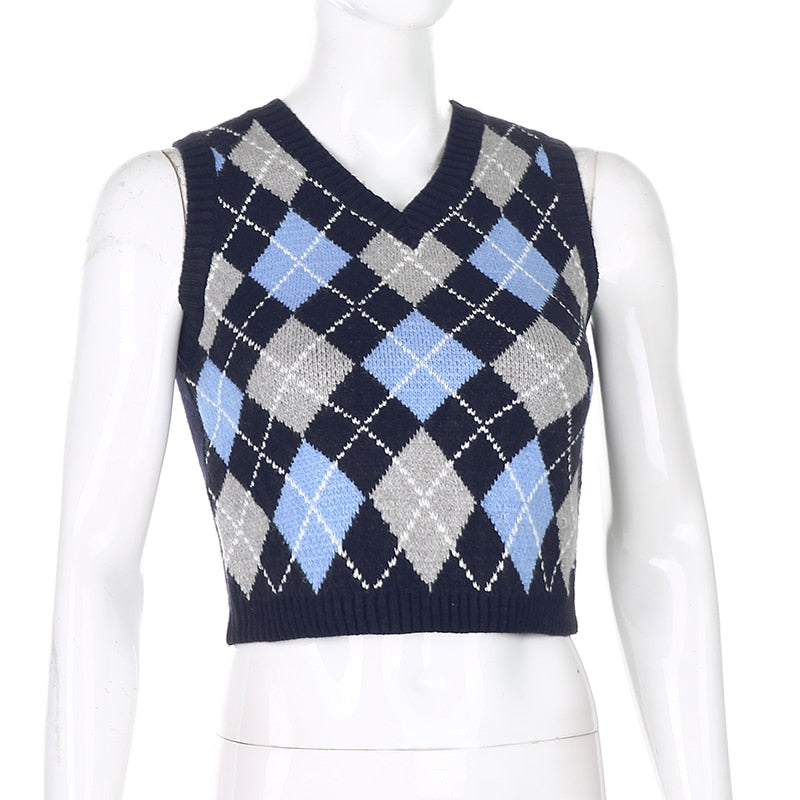 Sweetown Argyle Plaid Strick Tank Top Damen Strickwaren Adrette Kleidung V-Ausschnitt Lässige Crop Pullover Weste 90er Streetwear