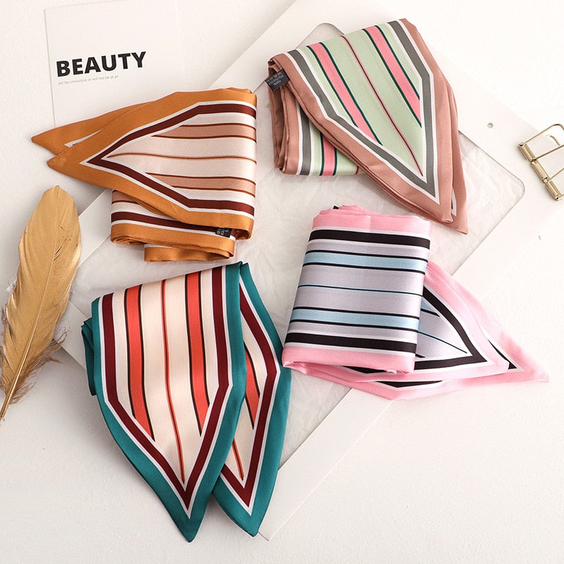 Sweet Love Print Women Small Silk Scarf Handle Bag Ribbons Female Head Scarves Sharp angle Green  90*10cm