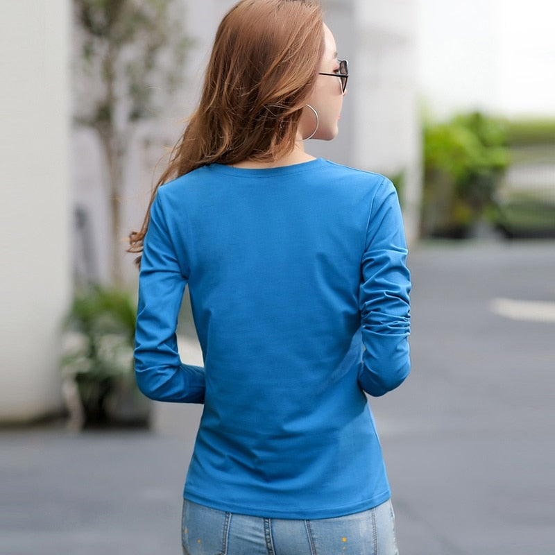 Brief Stickerei 2022 Herbst Baumwolle T-Shirt Frühling Frauen Langarm Lässige Rote T-Shirts Mode Oansatz Blau Gelb Einfache Tops