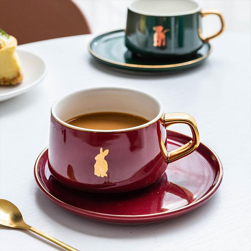 MDZF SWEETHOME 225ml Nordic Style Animal Coffee Cup With Dish Spoon Gold Handle Breakfast Milk Juice Mug Gift For Birthday