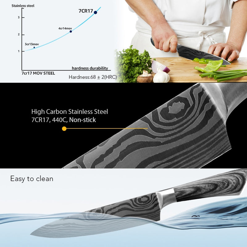 Kitchen Knife 5 7 8 inches stainless steel chef knives Meat Cleaver Santoku utility 440C lazer damacuse pattern Cooking Set