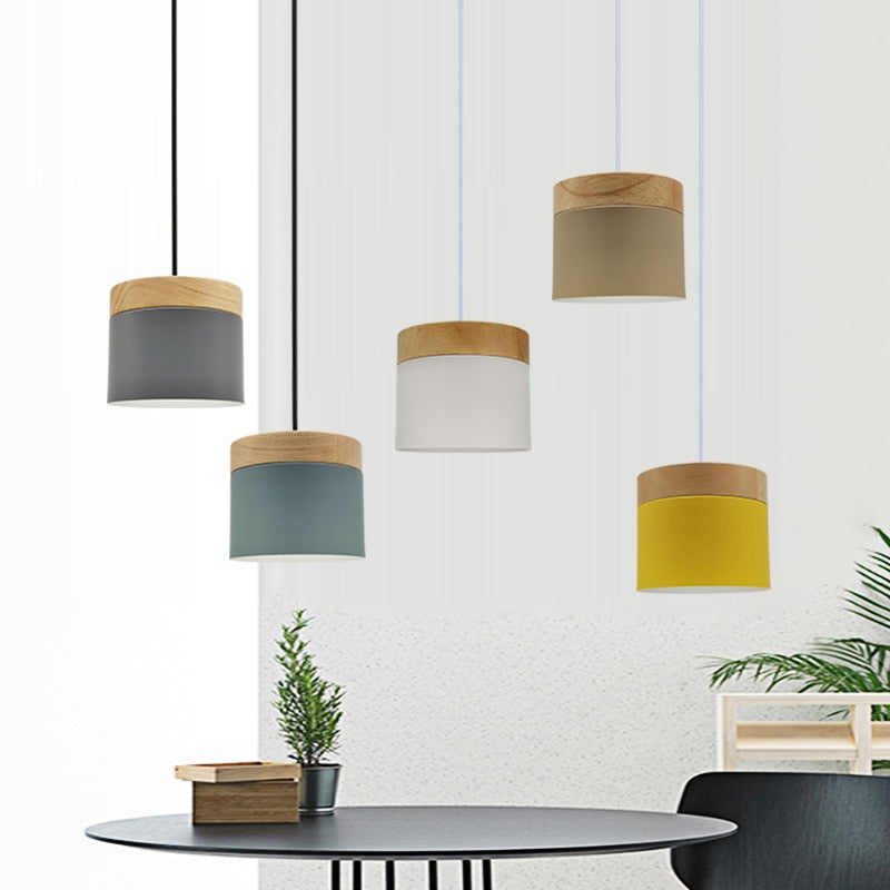 Modern Led Pendant Light Fixture With Wood Iron Dining Room Bar Cafe Restaurant Nordic Indoor Wooden Cylinder Hanging Lamp