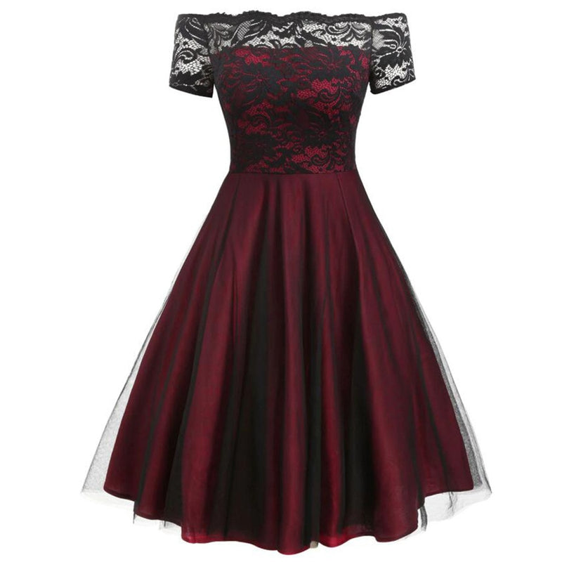 Damen Vintage Spitzenkleid Rot Schwarz Grün Slash Neck Tüll Midi Chic Retro Gothic 50er Jahre Jurken Swing Party Kleidung