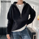 BGTEEVER Herbst-Winter-Reißverschluss-Rollkragen-Pullover Frauen beiläufige dicke lange Pullover Jumper weibliche lose Strickoberteile 2021