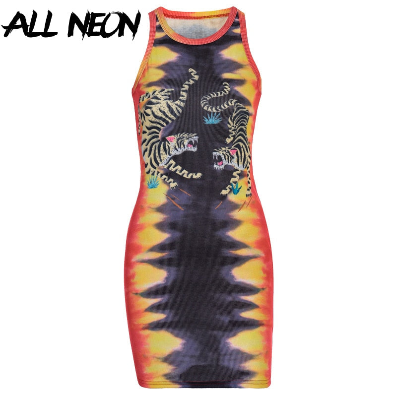 ALLNeon Punk Tie Dye Sleeveless Graphic Mini Dresses Ribbed O-neck Tiger Printing Bodycon Party Dress E-girl Rave Summer Dresses