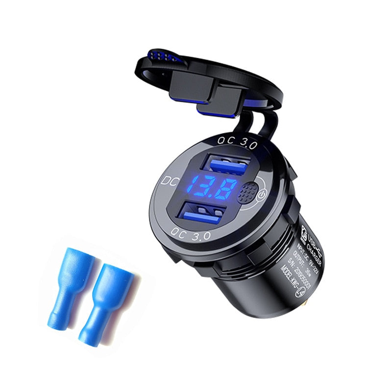 Quick Charge 3.0 36W Car Dual USB Charger QC3.0 Waterproof with Voltmeter Switch for 12V/24V Motorcycle ATV Boat Marine RV