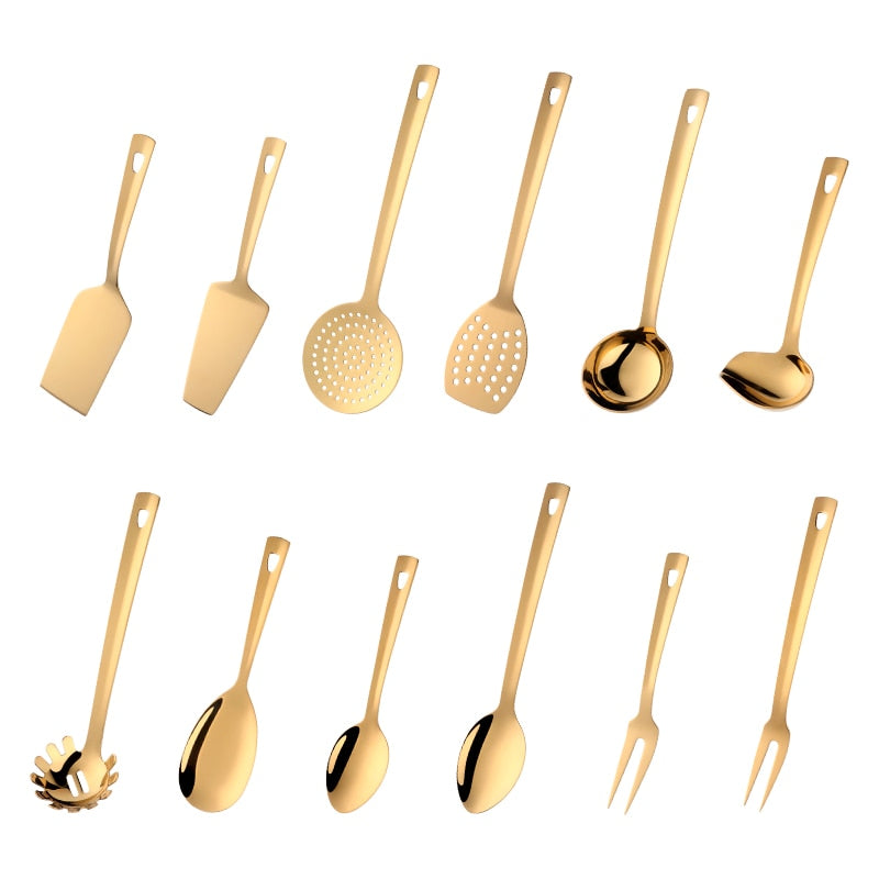 4/12pcs Stainless Steel Kitchen Utensils Gold Cooking Tool Long Serving Sets Scoop Spoon Fork Turner Ladle Cake Shovel