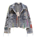 2022 Frühling Herbst Neue Frauen Street Fashion Graffiti Jeansjacke Weibliche Persönlichkeit Kurze Raw Cut Niet Jacke Fringe Jean Mantel
