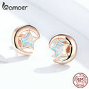 bamoer Echtes 925 Sterling Silber Mond und Stern 2 Farben Opal Ohrstecker für Frauen Hochzeit Statement Schmuck Boucles SCE816