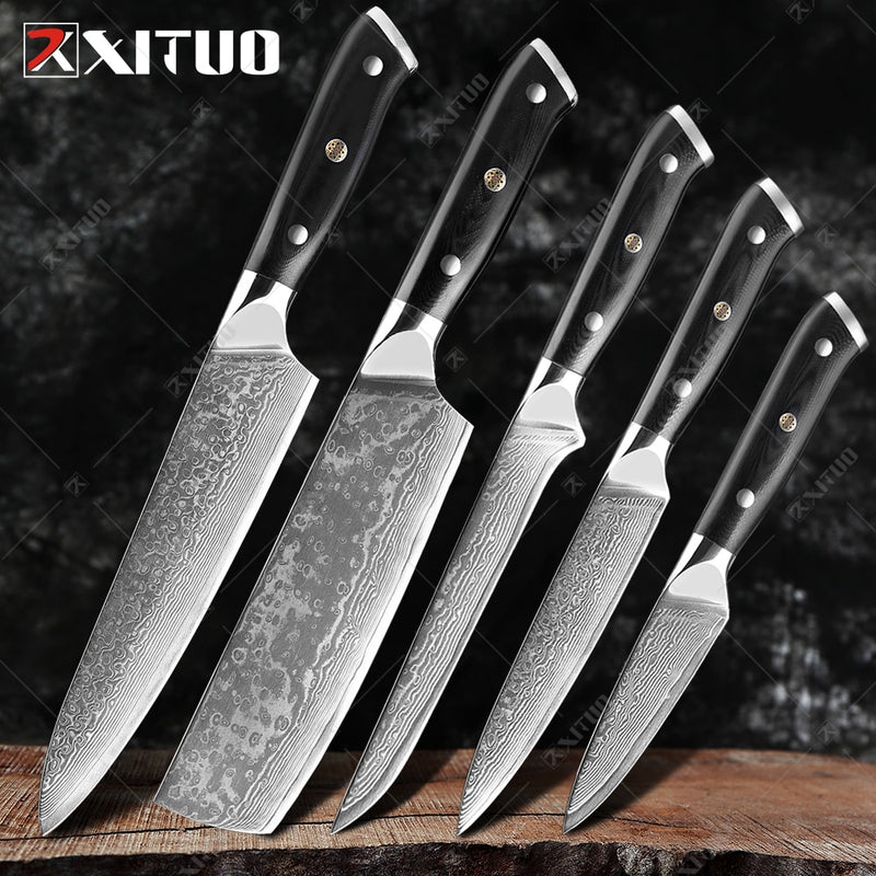 XITUO Damasco Chef cuchillo 1-8 piezas profesional Japón Sankotu Cleaver hueso cuchillos utilidad Kiritsuke pelado cuchillo de cocina