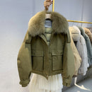 Janveny, chaqueta de plumón de piel auténtica de zorro para mujer, abrigo de plumón de pato blanco 90% holgado corto 2021, prendas de vestir de nieve acolchadas con bolsillos grandes para mujer