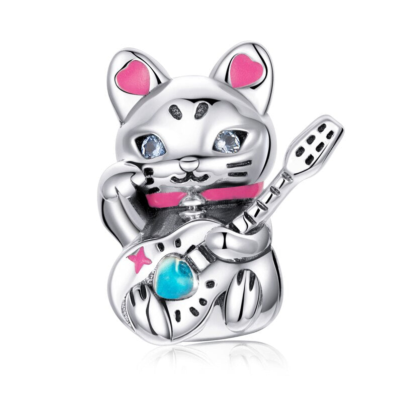 WOSTU Süße Katze Charms 925 Sterling Silber Tier Pussy Zirkonia Perlen passend für Original Armband Anhänger DIY Halskette Schmuck