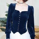 2021 Frühling Herbst Vintage Damen Square Kragen Laterne Ärmel Weinrot Schwarz Samt Top Bluse, Damen Velours Tops und Blusen