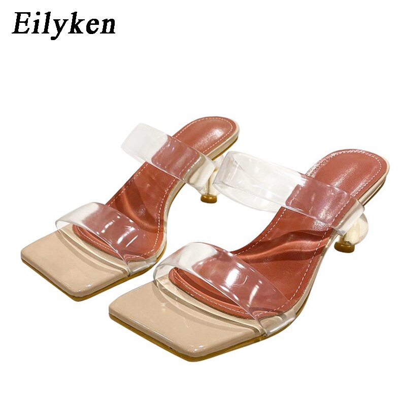 Eilyken 2023 nuevas zapatillas de verano con punta cuadrada para mujer PVC transparente cristal estilo extraño tacón transparente mujeres leopardo grano diapositivas