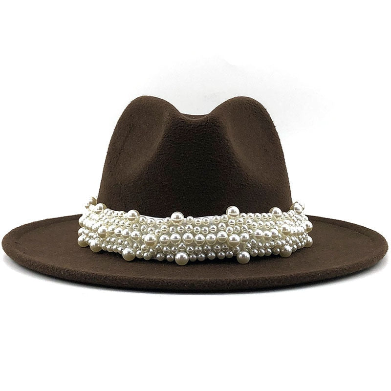 Sombreros de fieltro de lana Jazz para hombre y mujer, sombrero de fieltro con cinta de perlas de cuero, blanco, rosa, amarillo, sombrero de fiesta Formal Trilby de Panamá, 58-61CM