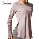 Lose Yoga-Kleidung für Fitness-Sport-Shirt, Damen-Bluse, O-Ausschnitt, Workout, Laufen, langärmliges Damen-Fitness-Top mit Daumenlöchern