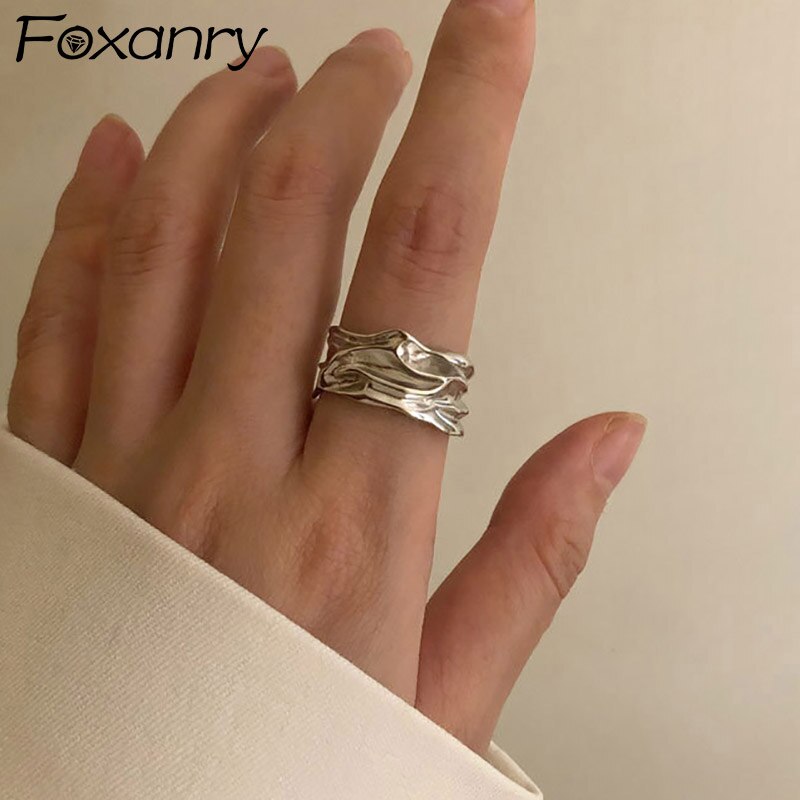 Foxanry Minimalist 925 Stamp Rings for Women New Fashion Creative Irregular Surface Geometric Party Jewelry Gifts