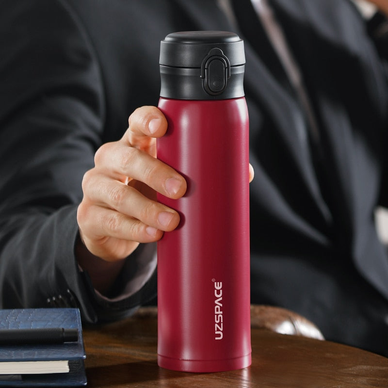 UZSPACE-botella de agua deportiva de negocios, termo de acero inoxidable, bebida directa, a prueba de fugas, taza de té portátil para coche, taza de café