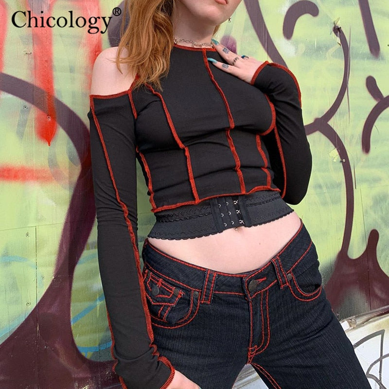 Chicology Goth aushöhlen Mode T-Shirt Frauen Langarm Crop Top T-Shirt 2020 Winter Herbst Kleidung Punk Streetwear Gothic Tee