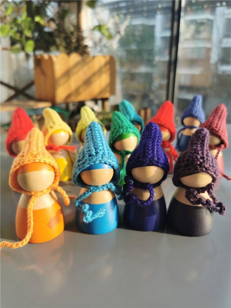 6/12pcs Crochet Wooden Rainbow Dolls in Beanies for Pastel Stackable Blocks Wood Natural Doll in Knitting Hat Montessori Toy
