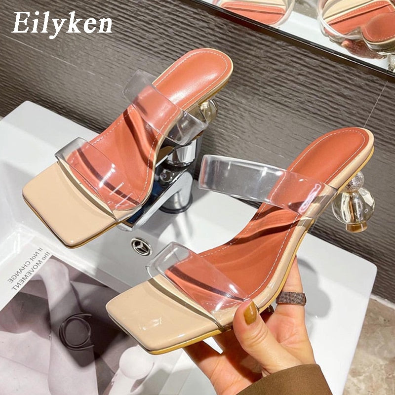 Eilyken 2023 nuevas zapatillas de verano con punta cuadrada para mujer PVC transparente cristal estilo extraño tacón transparente mujeres leopardo grano diapositivas