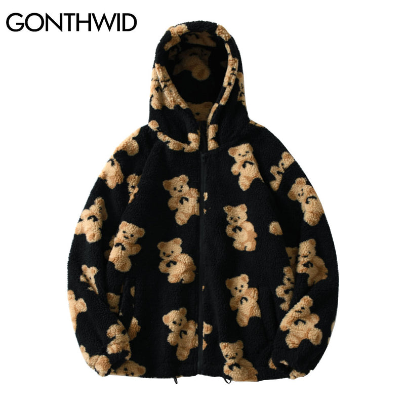 GONTHWID, chaquetas con capucha de lana, ropa de calle informal Harajuku Hip Hop para hombres y mujeres, abrigo con capucha y cremallera completa con estampado de oso a la moda, Tops, prendas de vestir