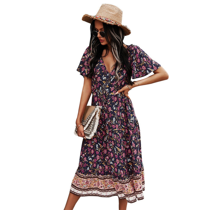 Sommerkleid mit tiefem V-Ausschnitt 2021 Strand Boho Blumendruck Vintage Knopfkleider Frauen beiläufige lose A-Linie Midi lange elegante Robe