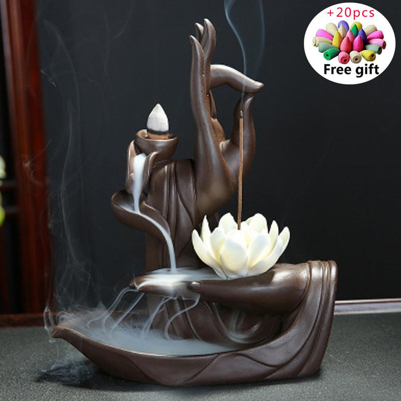 Zen Buddha Hand Räuchergefäße Rückfluss Räuchergefäßhalter Lotus Home Decor Räucherstäbchen Aromaturm Räuchergefäß mit 20 Kegeln