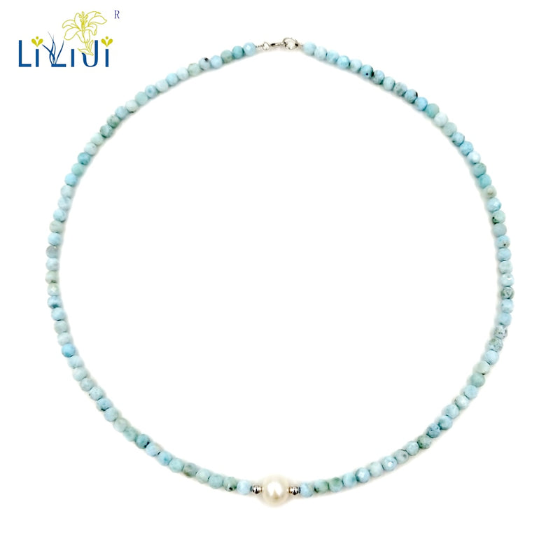 LiiJi Unique  Blue Larimar 2mm/3-4mm Freshwater Pearl 925 Sterling Silver Choker Necklace