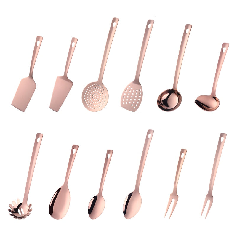 4/12pcs Stainless Steel Kitchen Utensils Gold Cooking Tool Long Serving Sets Scoop Spoon Fork Turner Ladle Cake Shovel