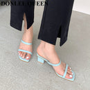 2022 Neue Sommer Hausschuhe Low Heels Slides Weibliche Peep Toe Quadratische Ferse Pantoffel Marke Sandalen Frauen Pantoffel Große Größe 41 Flip Flops