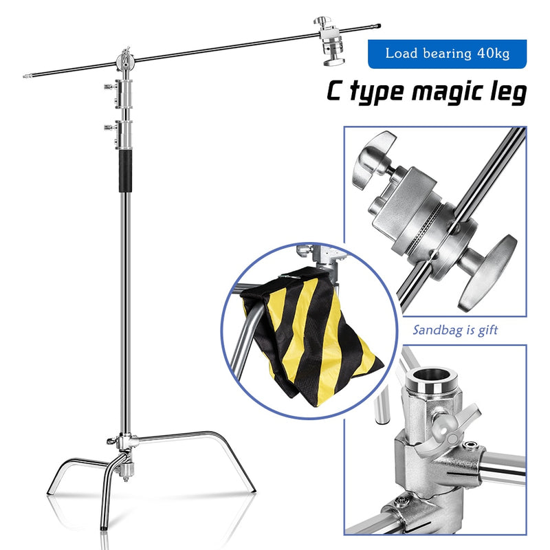 Stainless Steel Heavy Duty C Stand with Boom Arm Max Height 260cm Photography Light Stand with 107cm Holding Arm 2 Grip Head