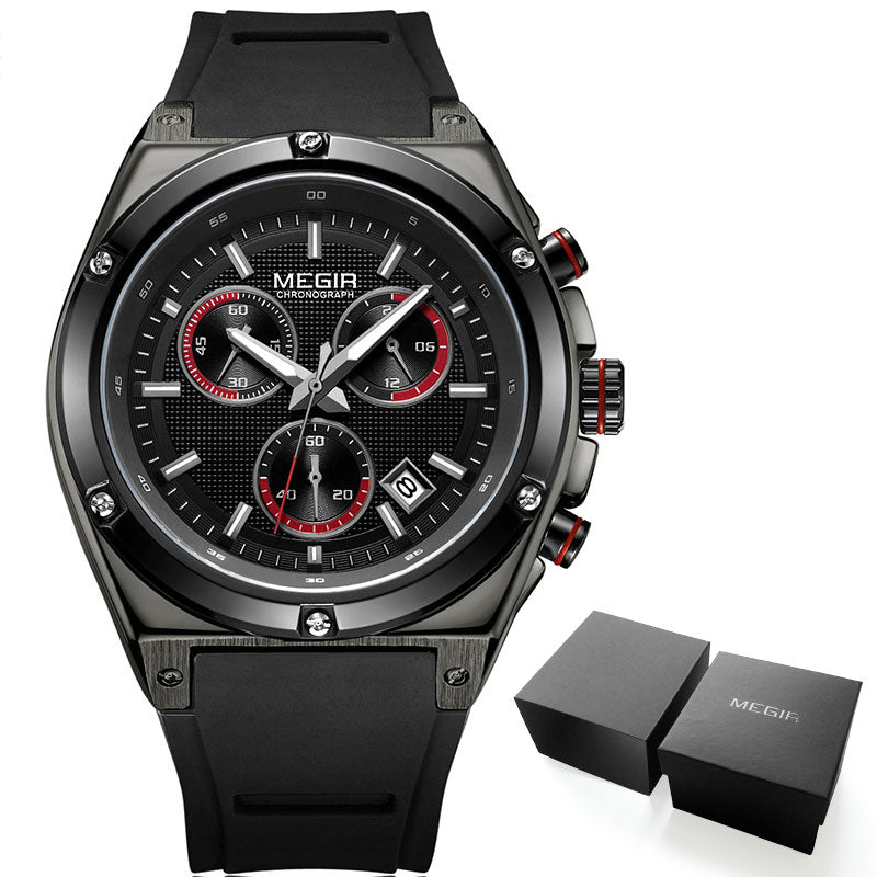 Megir Männer Schwarz Silikon Sport Quarz Armbanduhren Leuchtende Uhren Uhren Wasserdichte Chronograph Uhr Montres Q2073G-BK-1